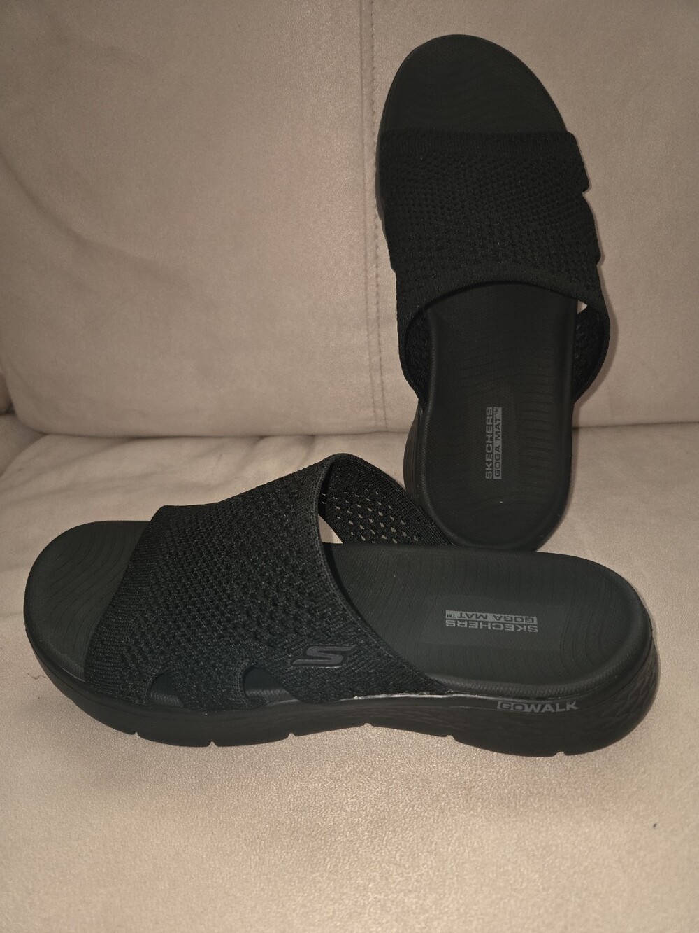 Skechers GoWalk Black Knit Slide Sandals with Cushioned Footbed